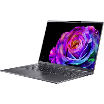 Ein schlankes Laptop, das eine lebendige, farbenfrohe Rose auf seinem Bildschirm zeigt und dabei die hochwertigen Anzeigemöglichkeiten des Geräts hervorhebt.