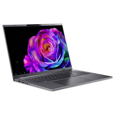 Ein schlankes silbernes Laptop mit einer leuchtend bunten Rose auf dem Bildschirm, was die hochauflösende Displayfähigkeit des Geräts veranschaulicht.