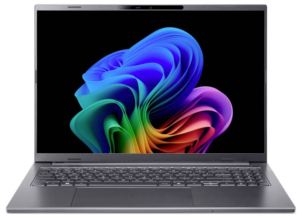 Ein Laptop mit einem farbenfrohen abstrakten Muster auf dem Bildschirm, ausgestattet mit einer schwarzen Tastatur und einem schlanken Design.