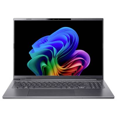 Ein Laptop mit einem farbenfrohen abstrakten Muster auf dem Bildschirm, ausgestattet mit einer schwarzen Tastatur und einem schlanken Design.