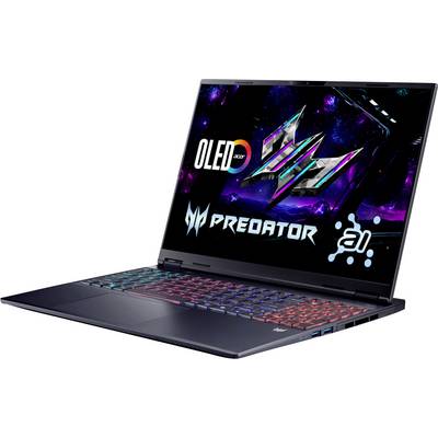 Gaming-Laptop mit farbig hintergrundbeleuchteter Tastatur, auf dem Display sind 'OLED'- und 'Predator'-Logos zu sehen.