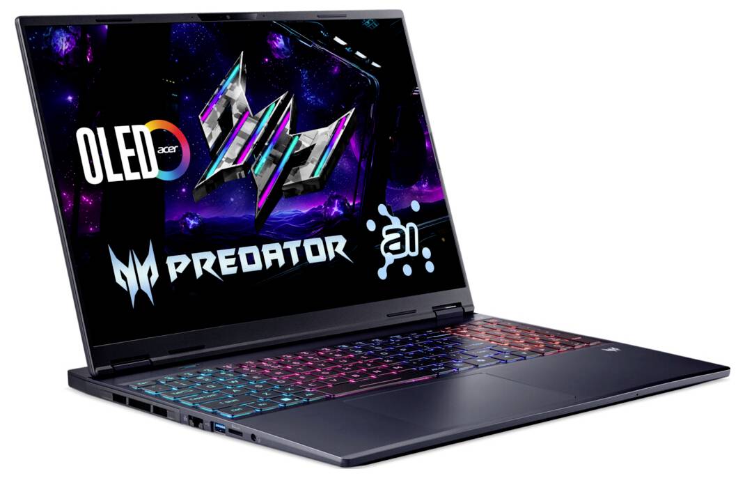 Acer Predator Gaming-Laptop mit einem OLED-Display, das Grafiken und Logos zeigt. Die Tastatur ist mit mehrfarbigen LED-Lichtern hinterleuchtet.