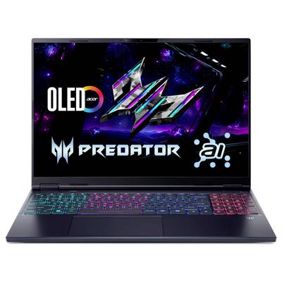 Ein Laptop mit einer bunten beleuchteten Tastatur, auf dessen Bildschirm Logos wie ‚OLED', ‚Predator' und ein futuristisches digitales Design zu sehen sind.