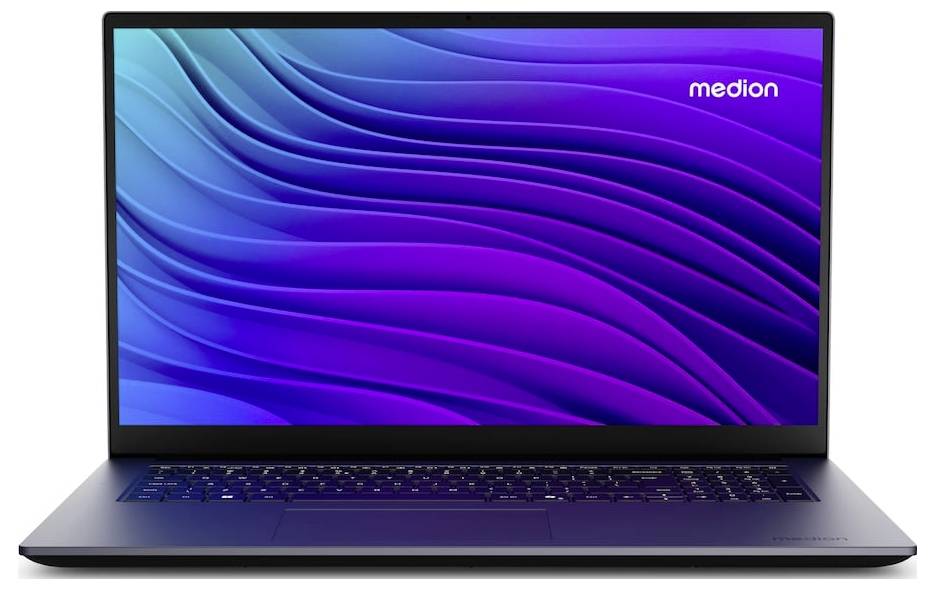 Ein Laptop mit einem "Medion"-Logo auf einem Hintergrund aus violett und blau verlaufenden Wellenmustern, der ein schlankes, modernes Design präsentiert.