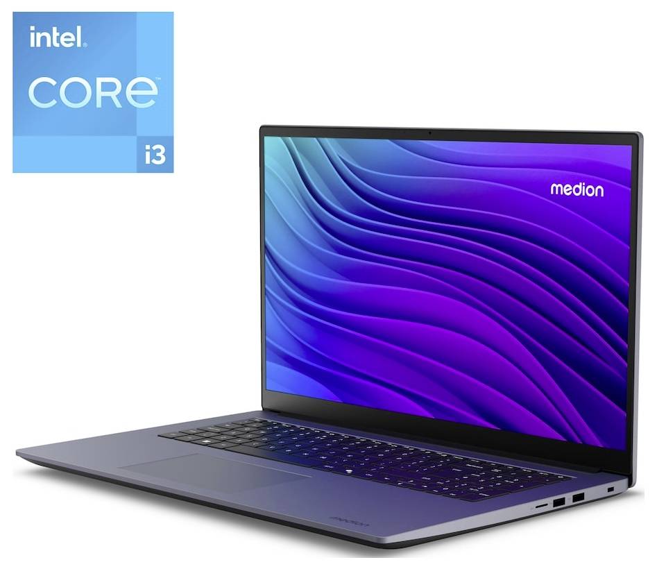 Ein Laptop mit einem 'Medion'-Logo, das auf dem geöffneten Bildschirm angezeigt wird und einen blauen Verlaufsmuster zeigt. Das Intel Core i3-Logo ist oberhalb sichtbar.
