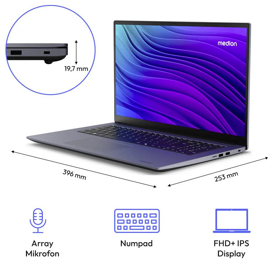 Ein Laptop mit einem 39,6 cm (15,6 Zoll) FHD+ IPS-Display. Er verfügt über ein Array-Mikrofon und einen Nummernblock. Die Abmessungen des Laptops betragen 396 mm x 253 mm, bei einer Dicke von 19,7 mm.