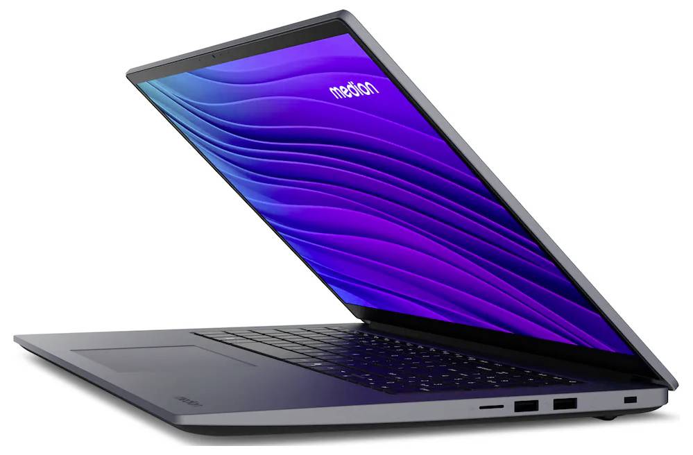 Ein teilweise geöffneter Laptop, der einen leuchtenden Bildschirm mit einer gewellten violetten Grafik und dem Wort "nebon" zeigt, auf einer elegantem, modernen schwarzen Tastatur.