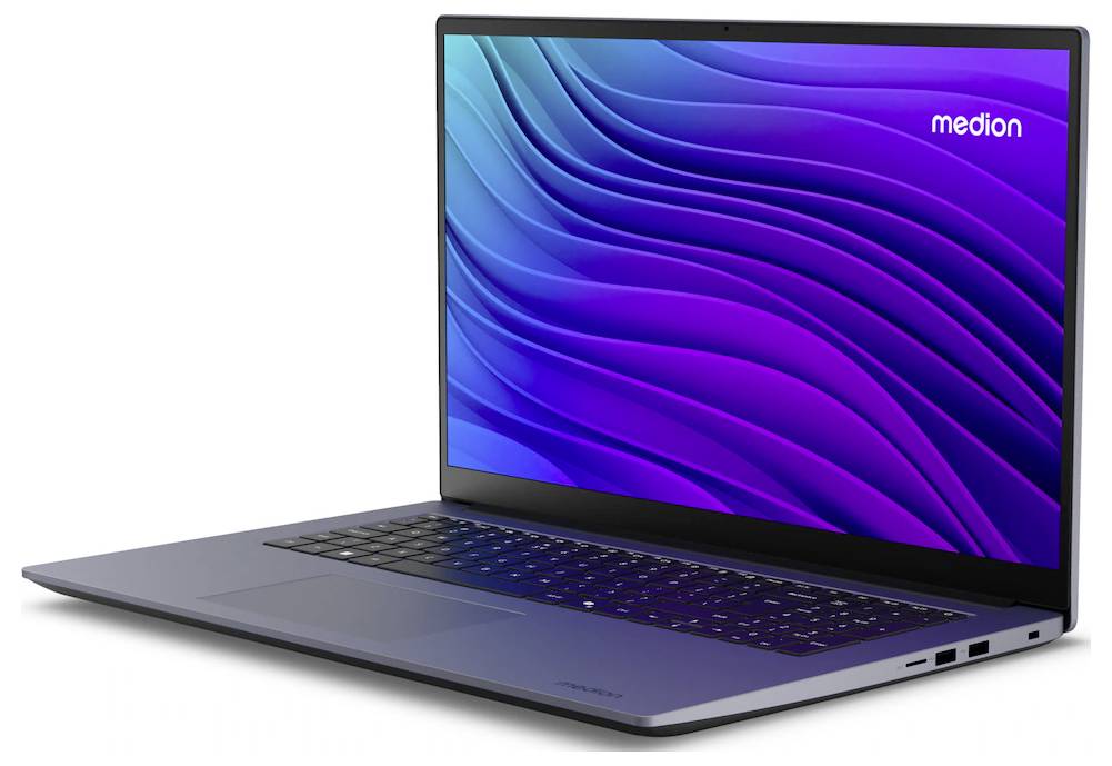 Ein schlankes Laptop mit einem lila und blauen Wellenmuster auf dem Bildschirm, auf dem in der oberen rechten Ecke das Wort "medion" angezeigt wird.