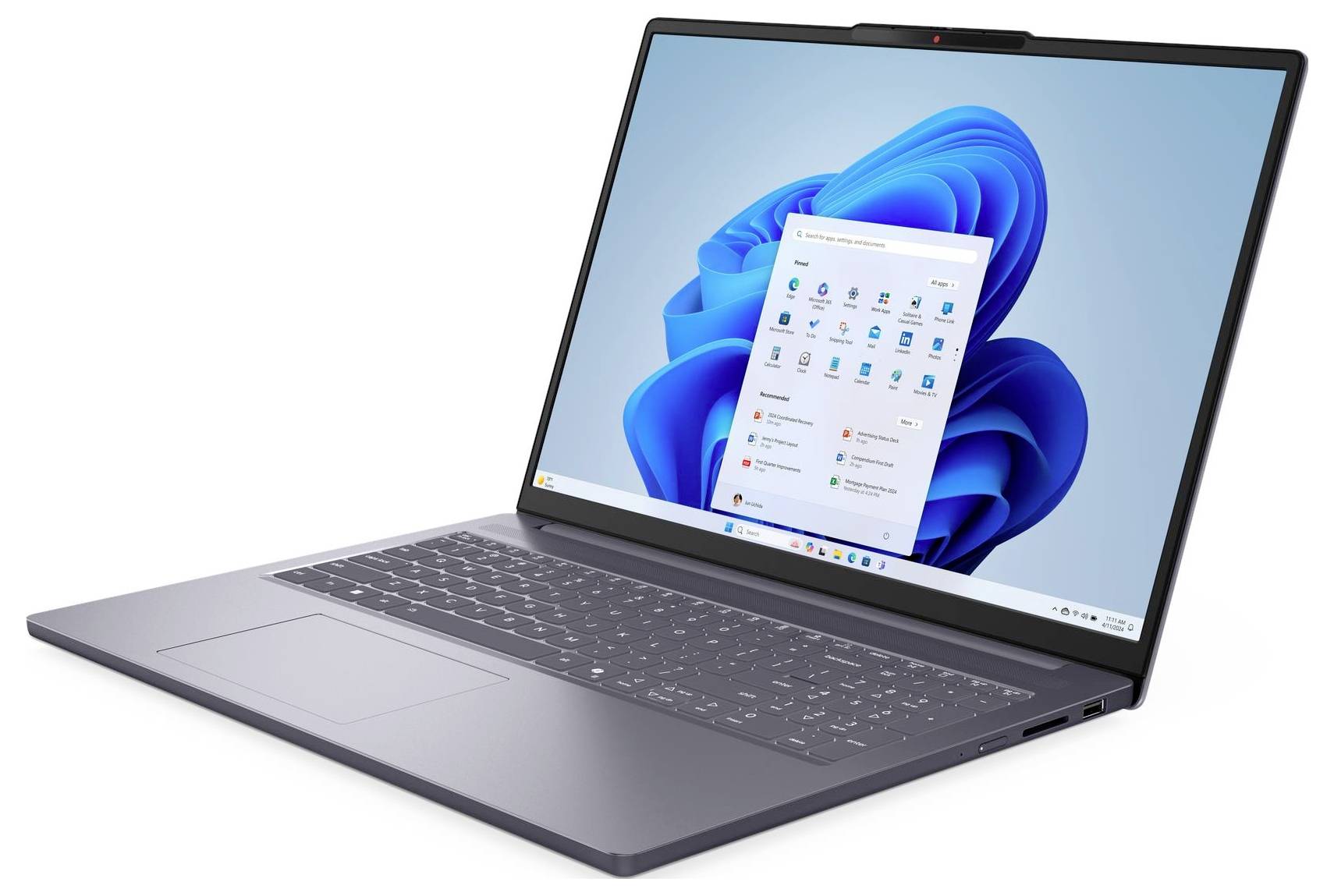 Ein schlankes silbernes Laptop mit einem blauen abstrakten Wirbel auf dem Bildschirm, der eine Rasteranordnung von Anwendungssymbolen auf dem Desktop zeigt.