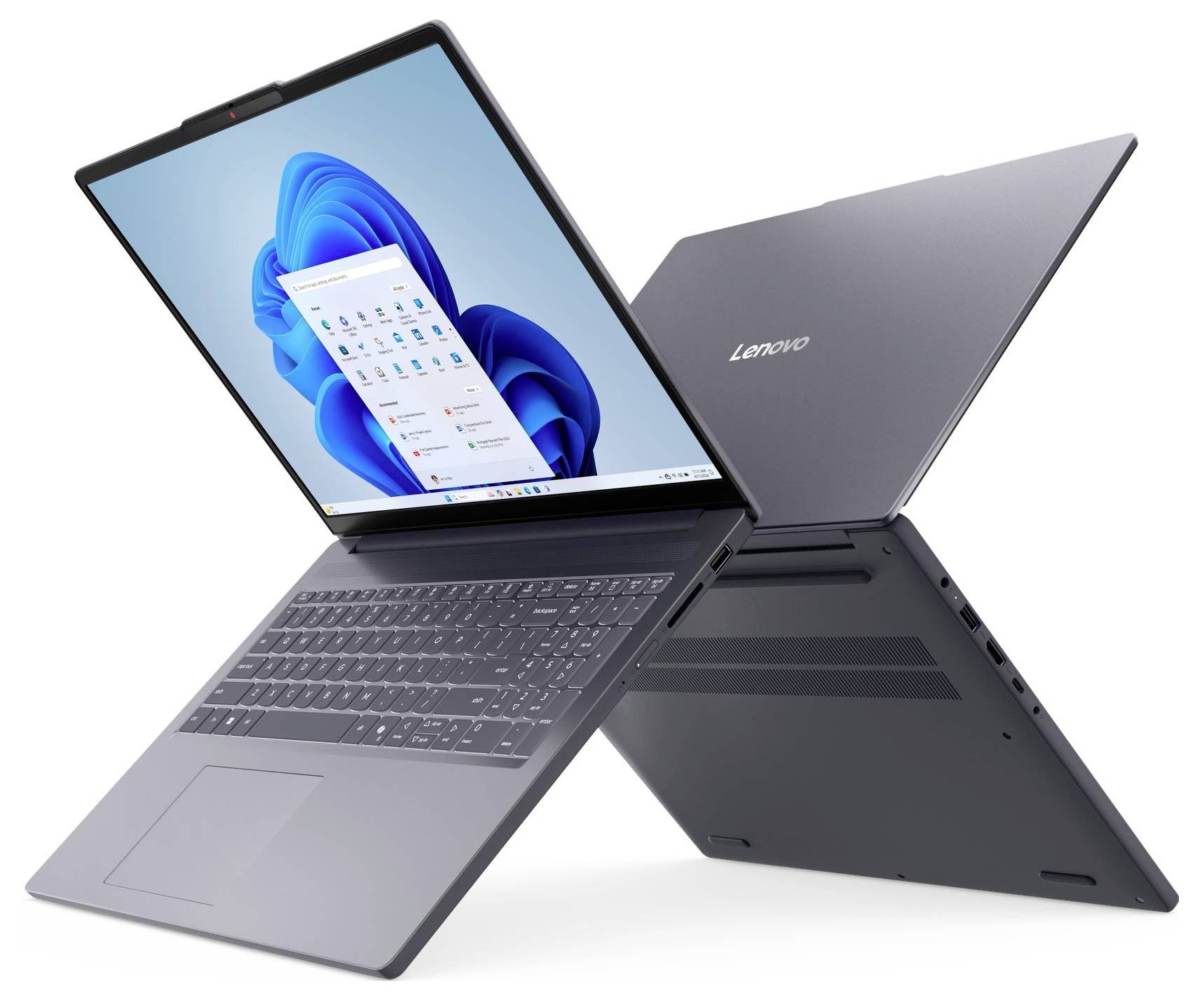 Ein schlankes Lenovo-Laptop mit Windows 11 auf dem Bildschirm, das ein dünnes Design aufweist und in einem weiten Winkel geöffnet ist und so seine Flexibilität betont.