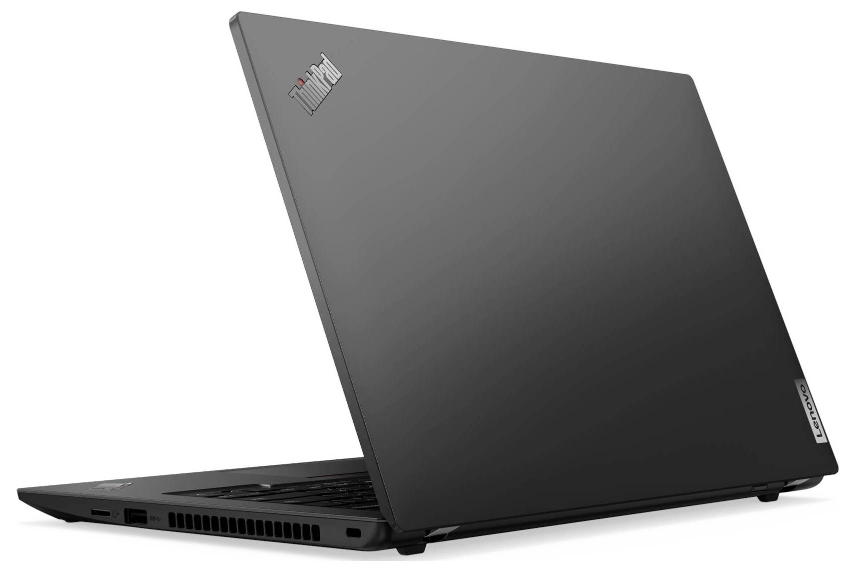 Ein schwarzer Lenovo ThinkPad Laptop, von der hinteren linken Seite betrachtet, der sein schlankes Design zur Geltung bringt.