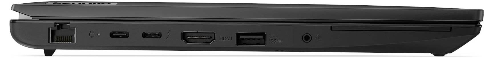 Seitenansicht eines geschlossenen Laptops mit verschiedenen Anschlüssen: Ethernet, USB-C, HDMI, USB Typ-A und Kopfhörerbuchse.