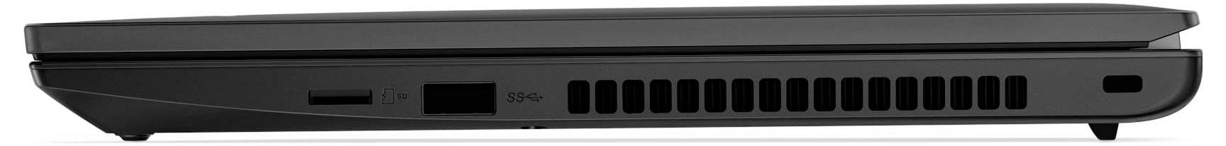 Seitenansicht eines geschlossenen, schwarzen Laptops mit Belüftungsgitter, USB-Anschluss und kompakter Bauweise.