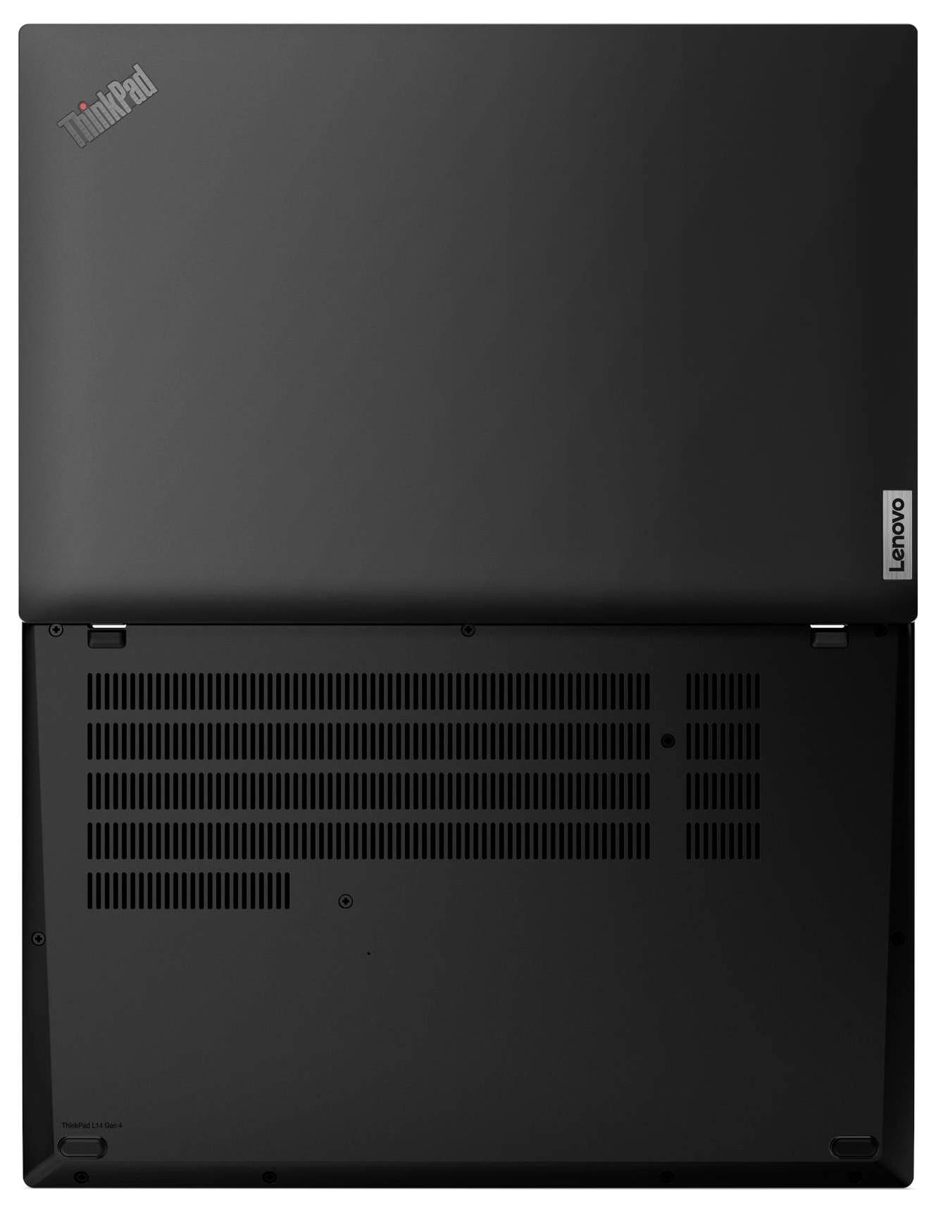 Das Bild zeigt die Unterseite eines schwarzen Lenovo ThinkPad Laptops und hebt dabei die Lüftungsschlitze und Designmerkmale hervor.