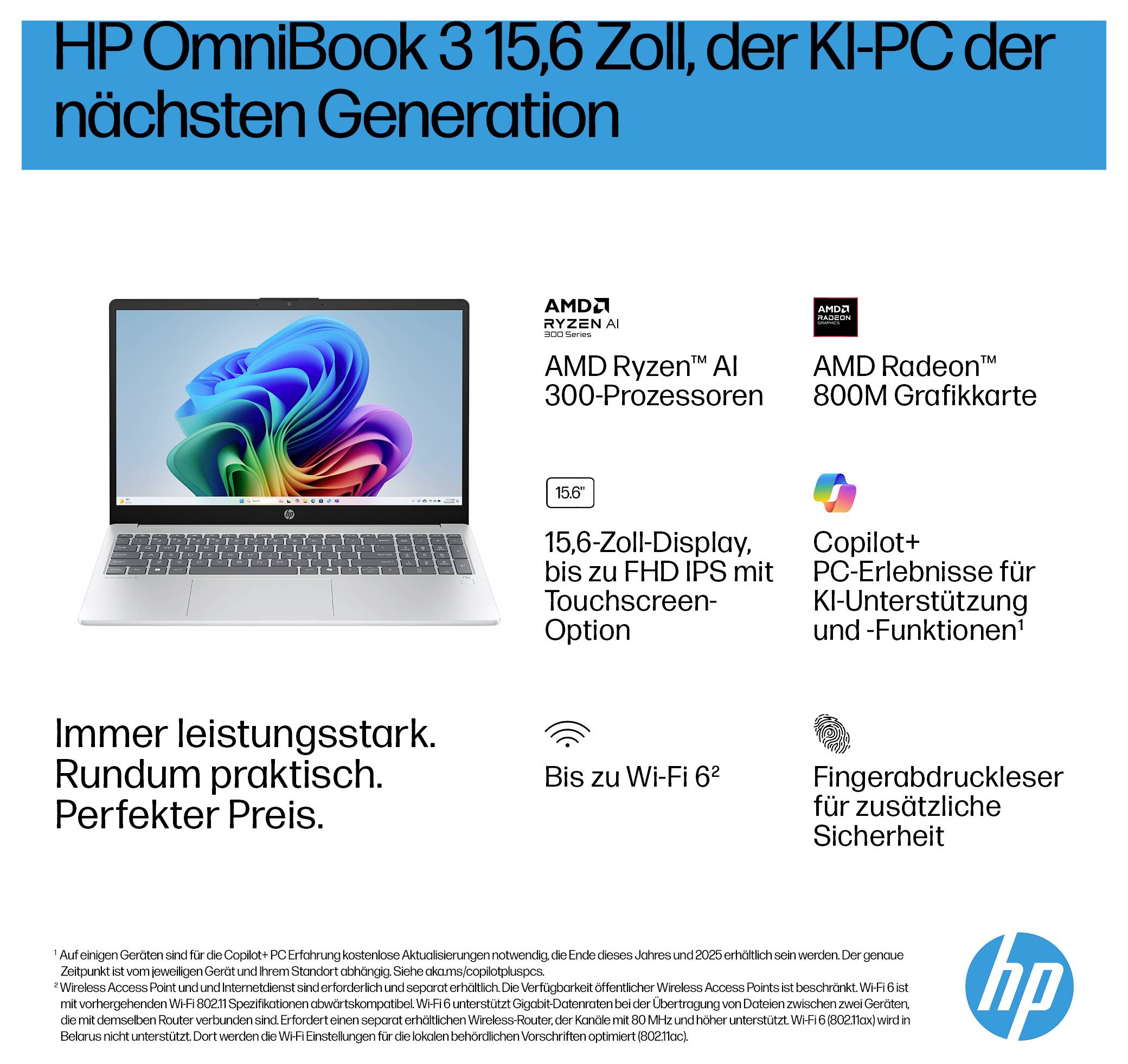 Das Bild zeigt einen Laptop mit folgenden Schlüsselmerkmalen: AMD Ryzen AI-Prozessor, AMD Radeon Grafik, 15,6" Full-HD Display, Wi-Fi 6, Fingerabdrucksensor und HP-Branding.