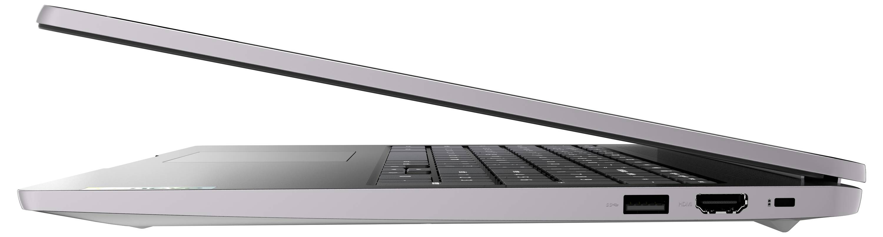 Schlanker Laptop mit teilweise geöffnetem Bildschirm, der USB- und HDMI-Anschlüsse an der Seite zeigt und dessen Konnektivitätsmerkmale hervorgehoben werden.