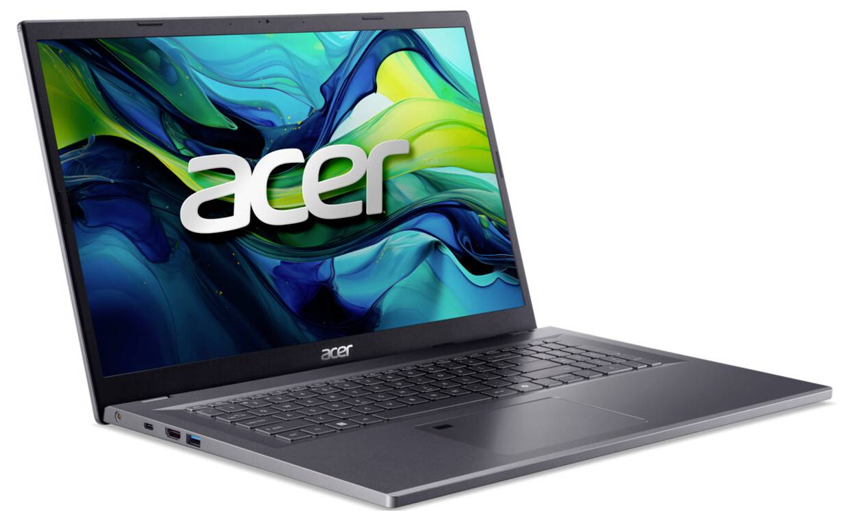 Ein Acer-Laptop mit einem farbenfrohen abstrakten Design in Blau und Grün auf dem Bildschirm, wobei das Acer-Logo prominent auf dem Bildschirm hervorgehoben wird.