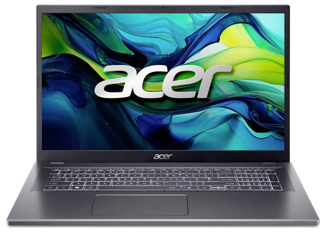 Acer-Laptop mit beleuchteter Tastatur; Bildschirm zeigt abstraktes grün-blaues Wirbel-Design mit zentriertem 'Acer'-Logo.