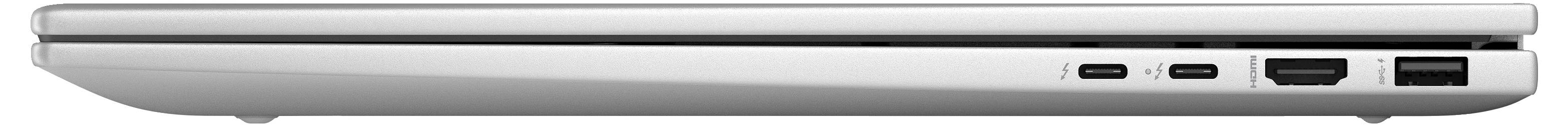 Ein silberner Laptop, von der Seite geschlossen, mit mehreren Anschlüssen einschließlich USB und HDMI auf der rechten Seite.