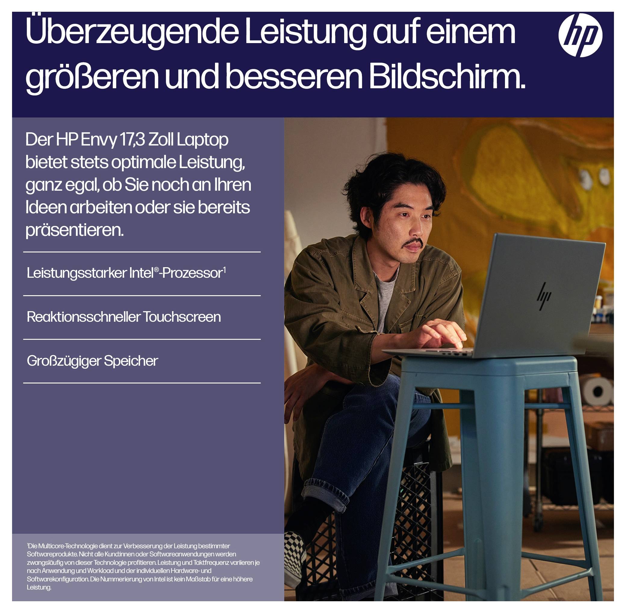 Eine Person nutzt einen HP-Laptop auf einem hohen Hocker. Der Text hebt den leistungsstarken Intel-Prozessor des Laptops, den reaktionsschnellen Touchscreen und den umfangreichen Speicherplatz hervor.