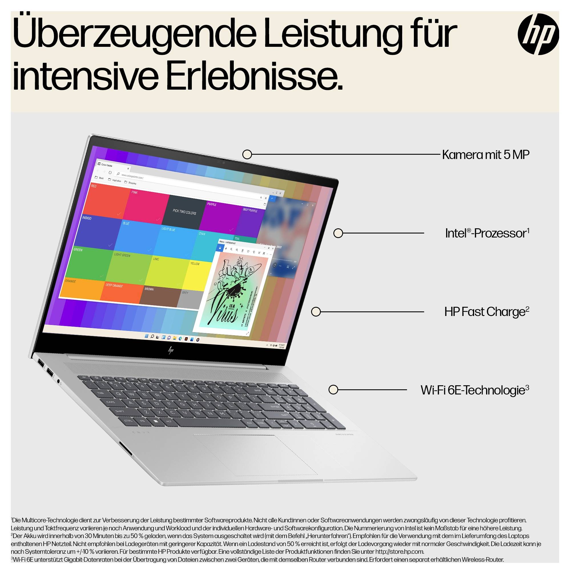 Ein schlankes, offenes HP-Laptop mit buntem Bildschirm; Funktionen umfassen 5-MP-Kamera, Intel-Prozessor, HP Fast Charge und Wi-Fi-6E-Technologie.
