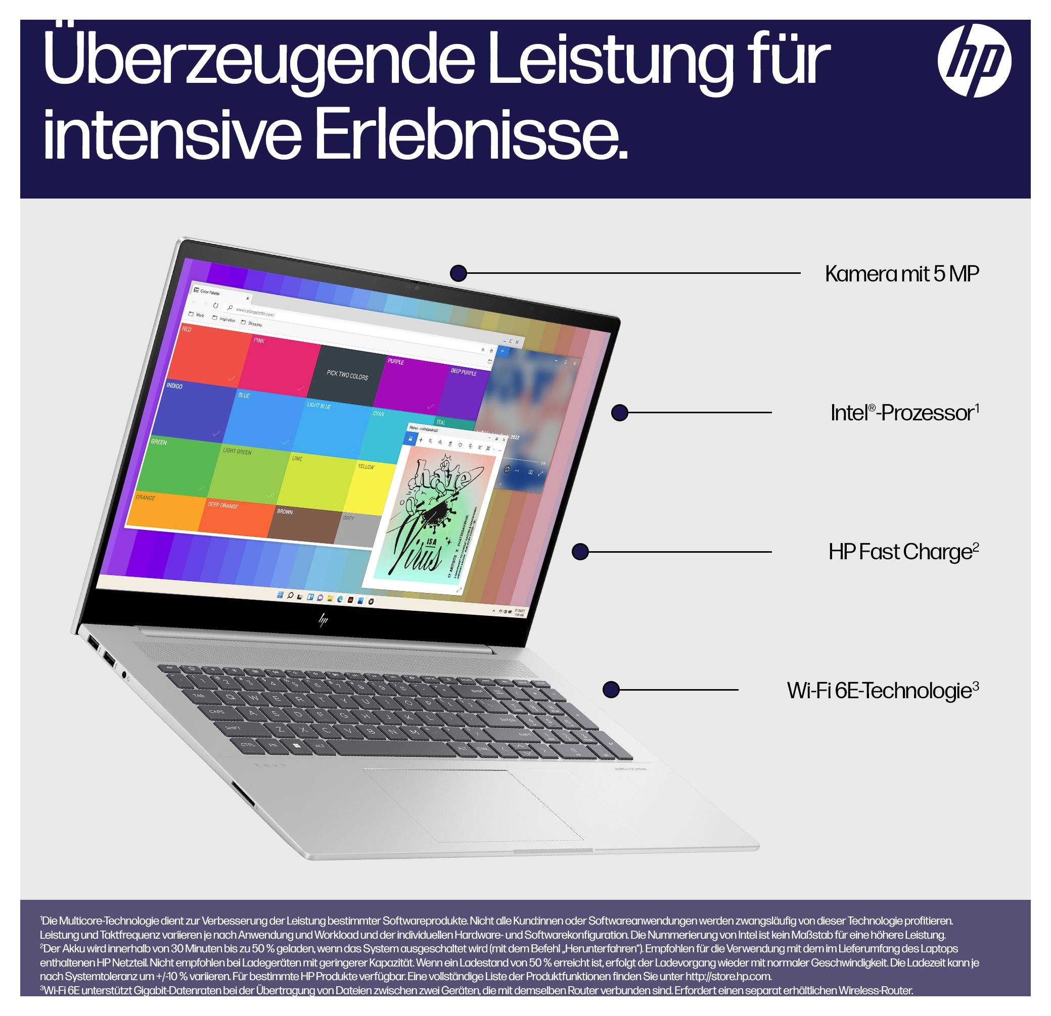 Ein Laptop mit einem bunten Bildschirm, der auf folgende Funktionen hinweist: 5-MP-Kamera, Intel-Prozessor, HP Fast Charge und Wi-Fi-6E-Technologie.