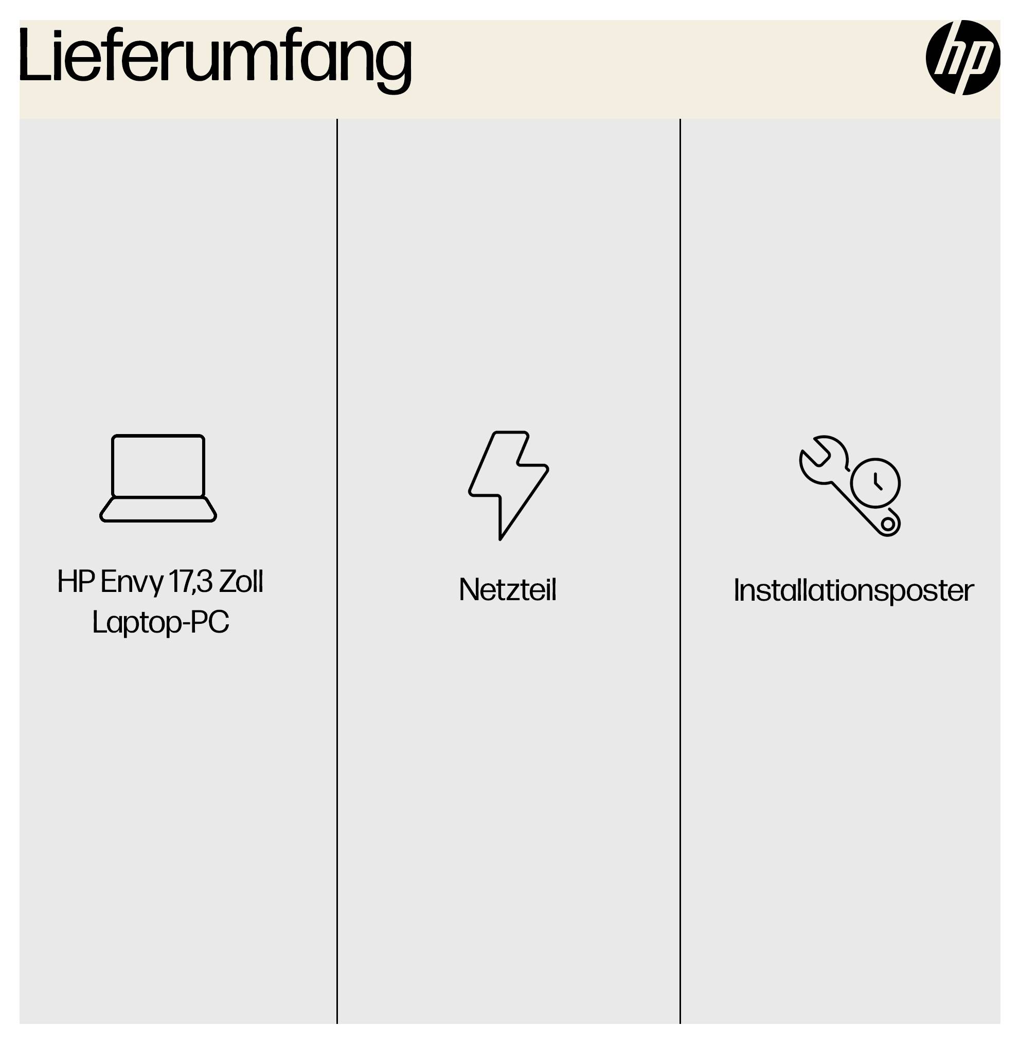 Lieferumfang:<br>- HP Envy 17,3 Zoll Laptop-PC<br>- Netzteil<br>- Installationsposter