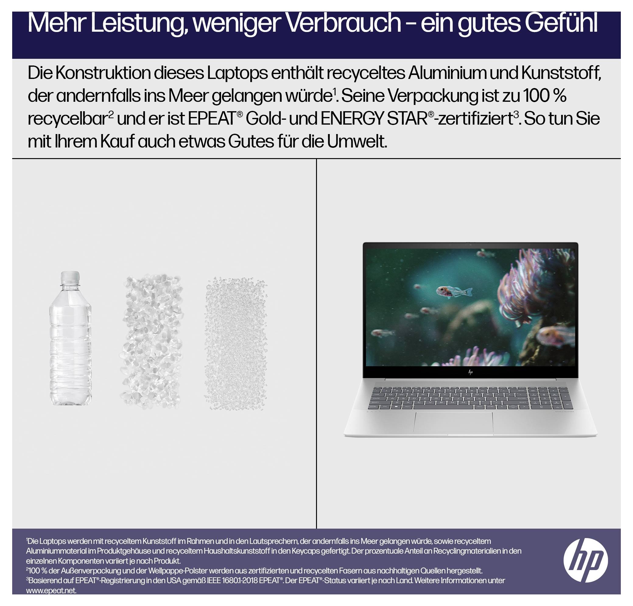 Laptop aus recycelten Materialien, einschließlich Aluminium und Kunststoff. Verpackung zu 100% recycelbar, zertifiziert durch EPEAT Gold und ENERGY STAR.