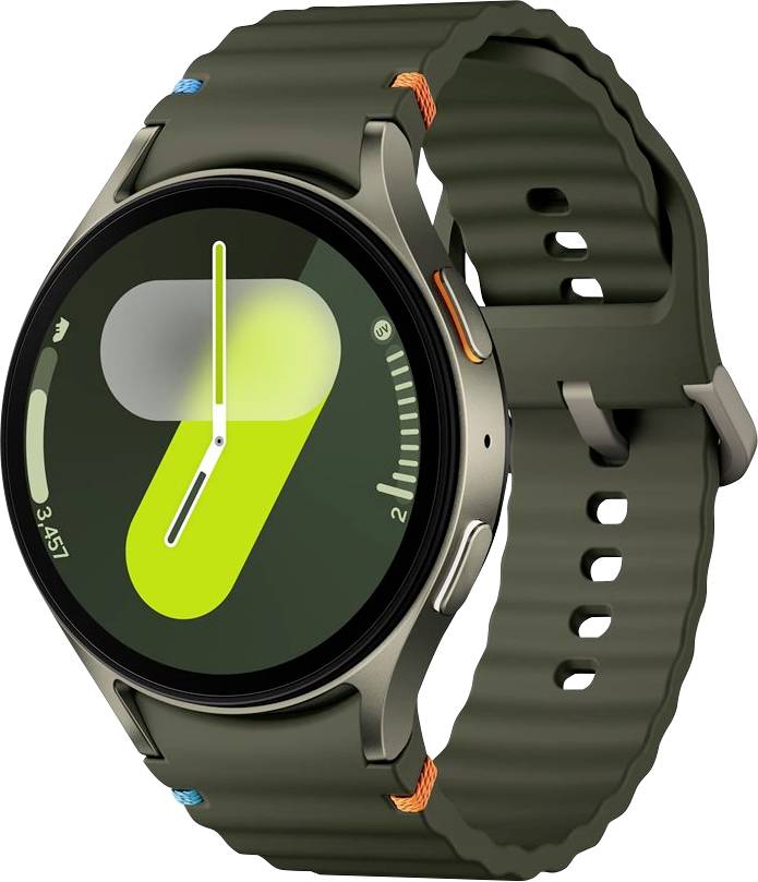 Eine grüne Smartwatch mit einem Silikonarmband zeigt ein minimalistisches '7'-Design auf ihrem Display und unterstreicht damit ein modernes und cleanes Erscheinungsbild.