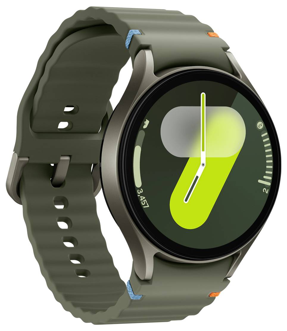 Eine grüne Smartwatch mit einem analogen Zifferblatt im minimalistischen Design. Die angezeigte Zeit ist ungefähr 14:45 Uhr.