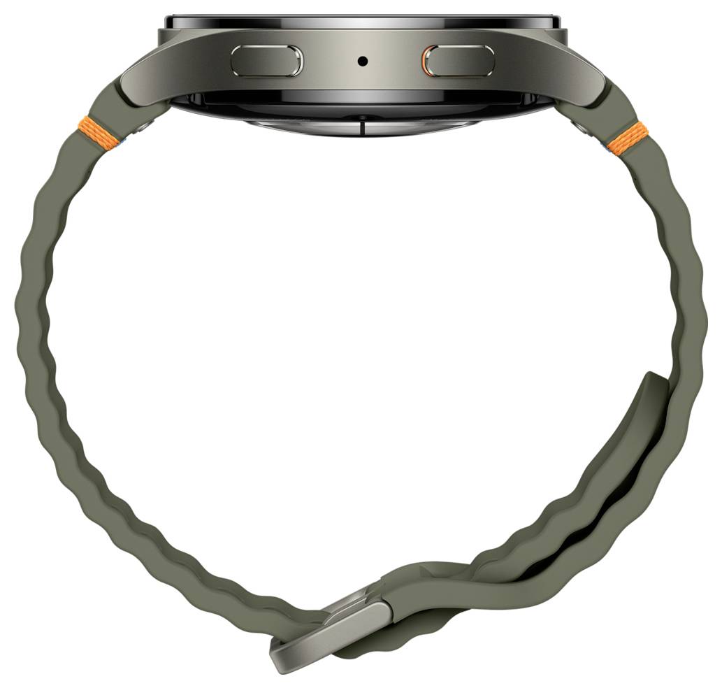 Eine Smartwatch mit einem robusten, dunklen Metallgehäuse und einem grünen gewellten Armband, von der Seite betrachtet, mit zwei Knöpfen an der Seite.