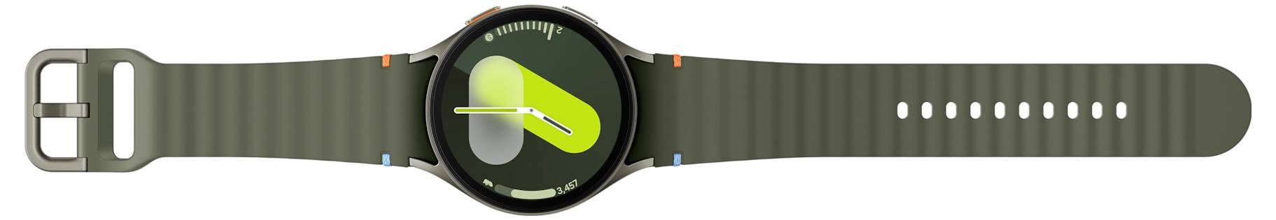 Eine grüne Smartwatch mit rundem Zifferblatt, das die Zeit mit kräftigen, stilisierten Zeigern anzeigt. Das Armband ist olivfarben und hat eine geriffelte Textur.