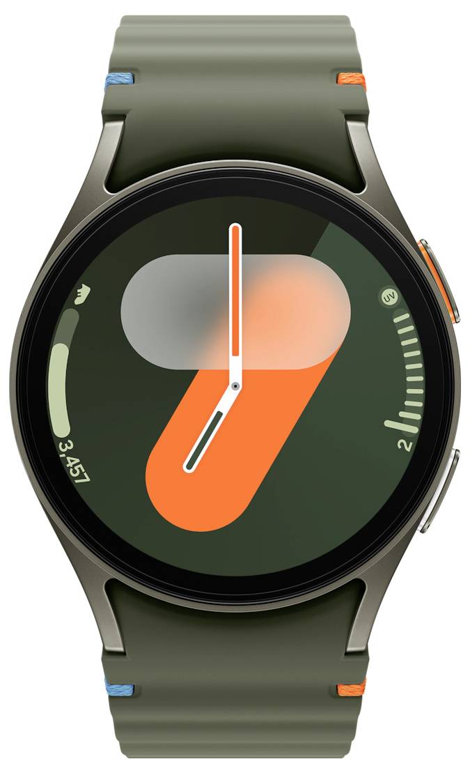 Eine Smartwatch mit einem olivgrünen Armband zeigt ein analoges Zifferblatt mit modernem Design, das Orange- und Grautöne aufweist.