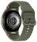 Eine Smartwatch mit rundem Display, Sensorarray auf der Rückseite, olivgrünem Silikonarmband und Metallgehäuse, entwickelt für Fitness-Tracking.