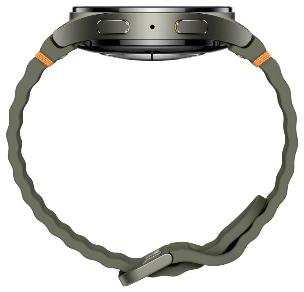 Smartwatch-Seitenansicht mit robustem schwarzem Gehäuse und zwei Tasten, ausgestattet mit einem olivgrünen, verstellbaren Armband, das von einem orangefarbenen Stift gesichert wird.
