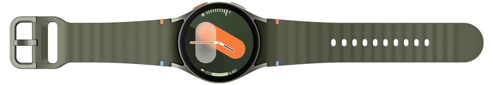 Eine grüne Smartwatch mit rundem Gesicht, die ein minimalistisches Uhrendesign zeigt und auf dem Display orangefarbene und weiße geometrische Formen aufweist.