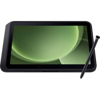 Eine schwarze Tablette mit einem grünen abstrakten Anzeigebildschirm, begleitet von einem schwarzen Stylus, der daneben positioniert ist.