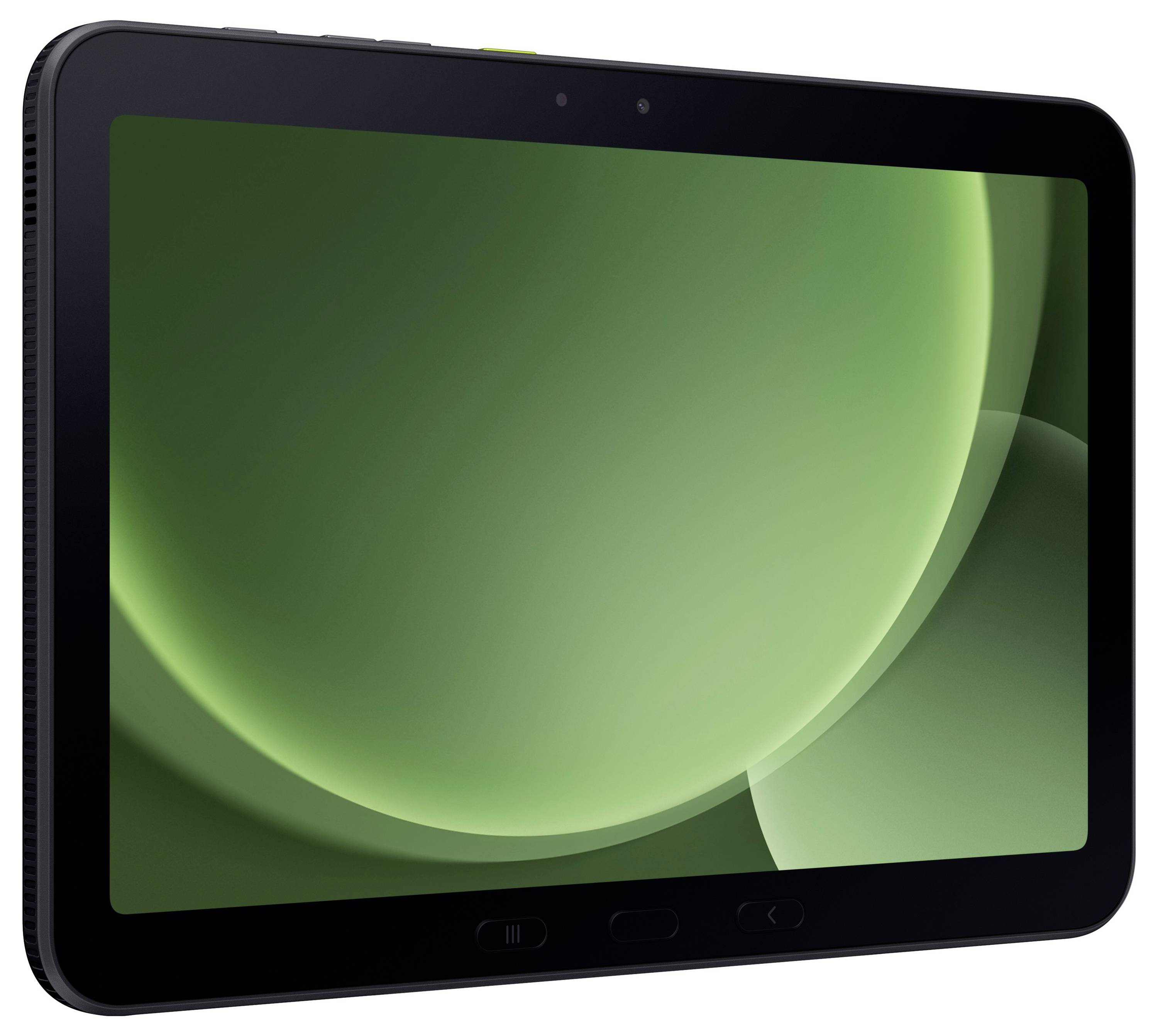 Ein schwarzes Tablet mit einem grünen abstrakten Hintergrund auf dem Bildschirm, aus einem Winkel betrachtet, mit einem eleganten und modernen Design.