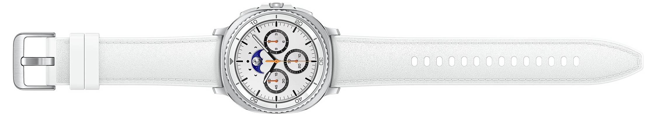 Eine weiße Smartwatch mit rundem Display, die mehrere Zifferblätter zeigt und orange-blaue Akzente aufweist, angebracht an einem weißen Armband.