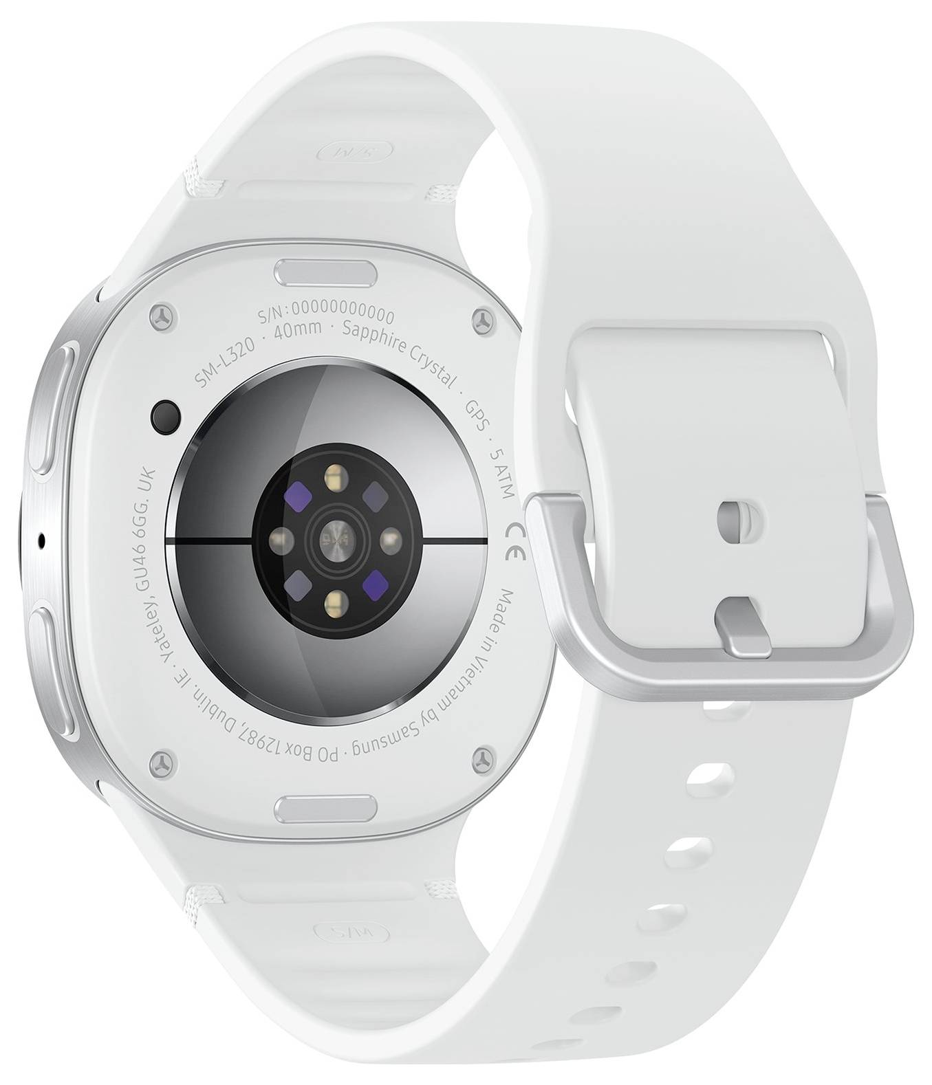 Das Bild zeigt die Rückseite einer weißen Smartwatch mit einem silbernen Gehäuse, die Sensoren zur Gesundheitsüberwachung und ein weißes verstellbares Armband aufweist.