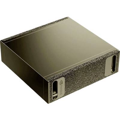 Ein metallisches, rechteckiges Computergerät mit strukturierter Oberfläche und dem NVIDIA-Logo an der Seite, konzipiert für Hochleistungsaufgaben.