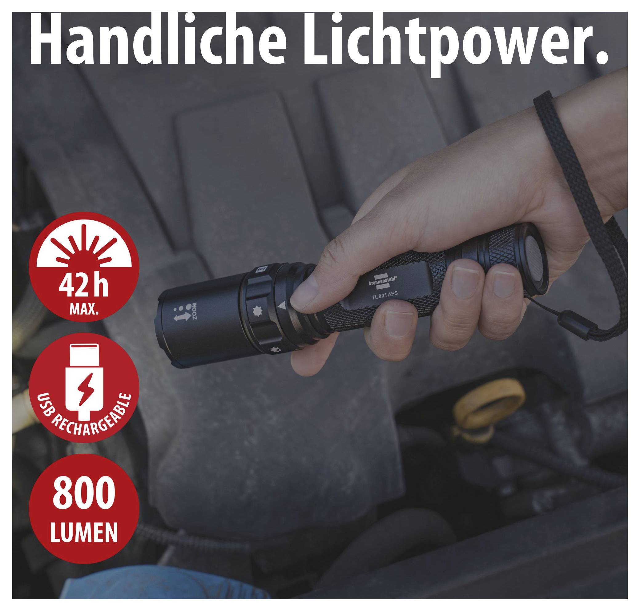 Handliche Taschenlampe in der Hand; Aufdruck: '42h max.', 'USB rechargeble' und '800 LUMEN'.