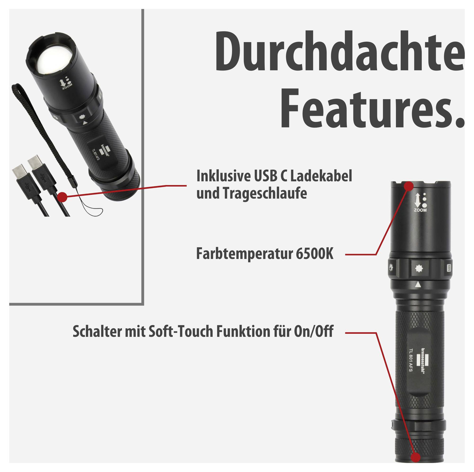Werbegrafik einer Taschenlampe mit 'Durchdachte Features': inklusive USB-C-Ladekabel und Trageschlaufe, Farbtemperatur 6500K, Soft-Touch-Ein-/Aus-Schalter.<br>
