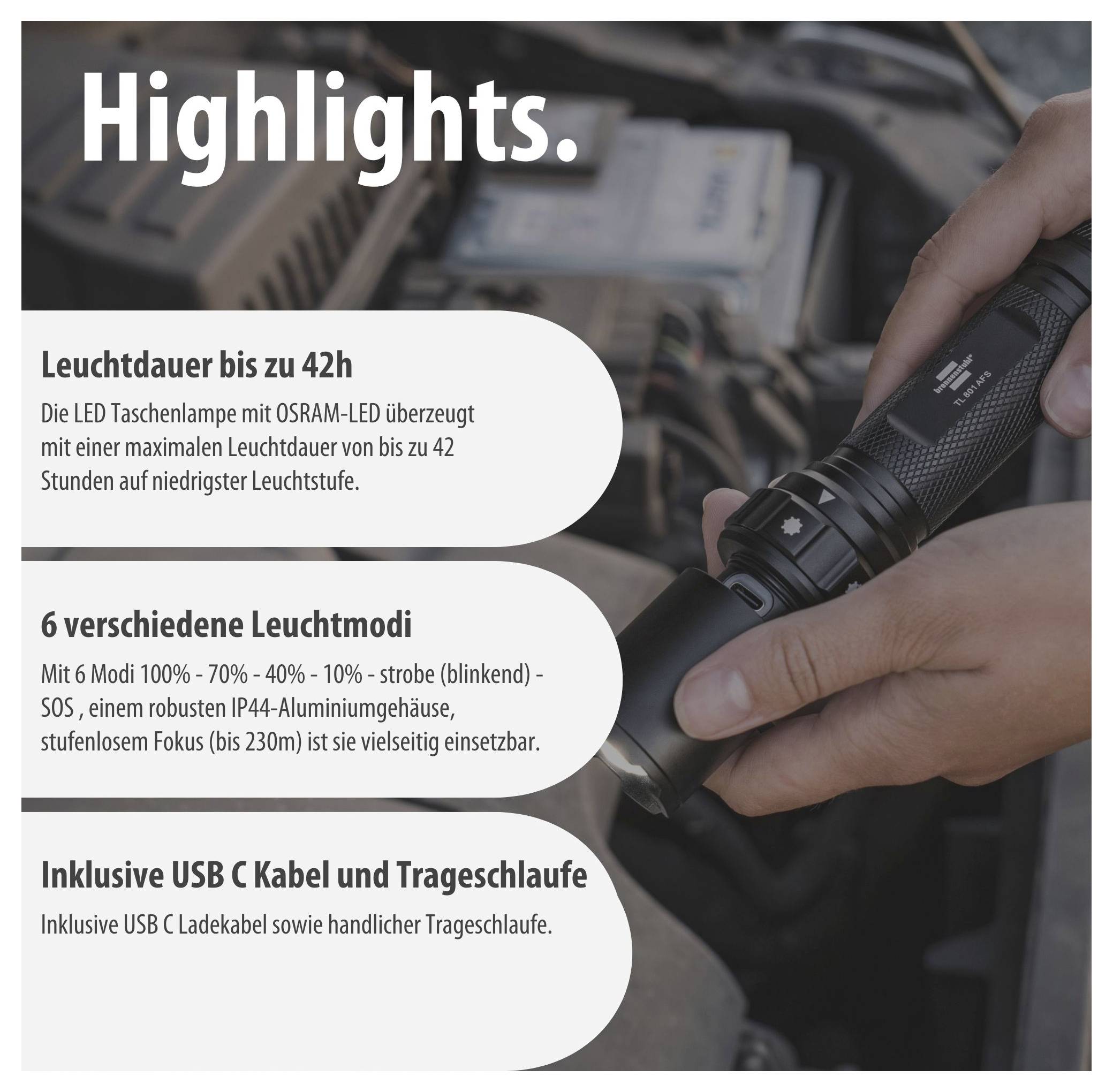 Werbeposter für eine Taschenlampe: 'Highlights' mit bis zu 42 h Leuchtdauer, 6 Leuchtmodi und USB-C-Kabel sowie Trageschlaufe; rechts wird die Lampe in der Hand gezeigt.