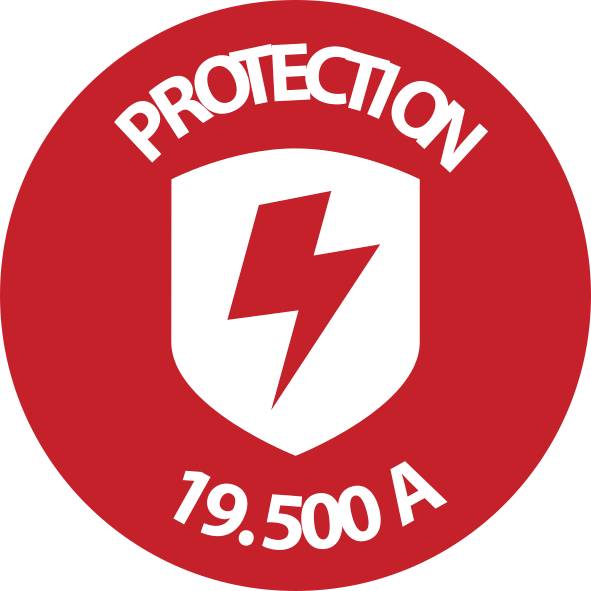 Roter Kreis mit einem weißen Schild-Symbol, das einen roten Blitz enthält. Text liest sich "PROTECTION" oben und "19.500 A" unten.