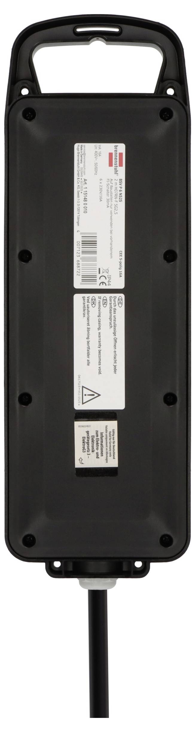 Eine schwarze EV-Ladebox mit einem Griff, die ein Etikett mit Spezifikationen und Sicherheitswarnungen zeigt.