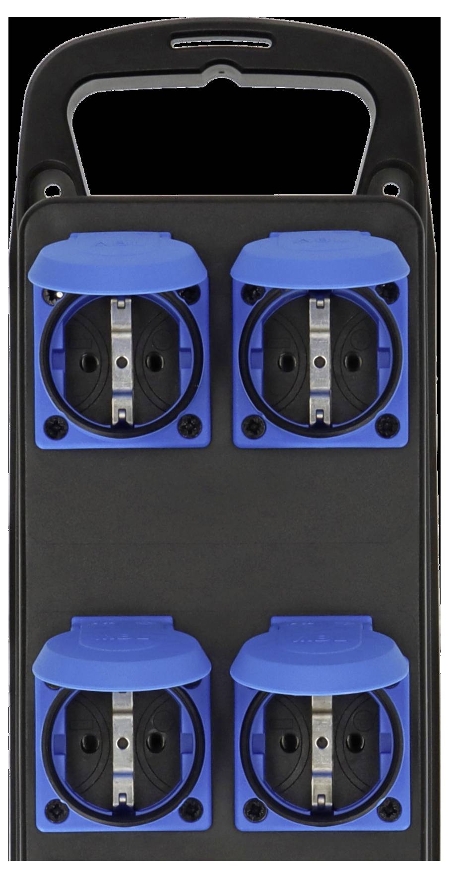 Ein schwarzer tragbarer Mehrfachstecker mit vier blauen Steckdosen mit Schutzabdeckung, die in zwei Reihen angeordnet sind und jeweils europäische Stecker aufnehmen können.