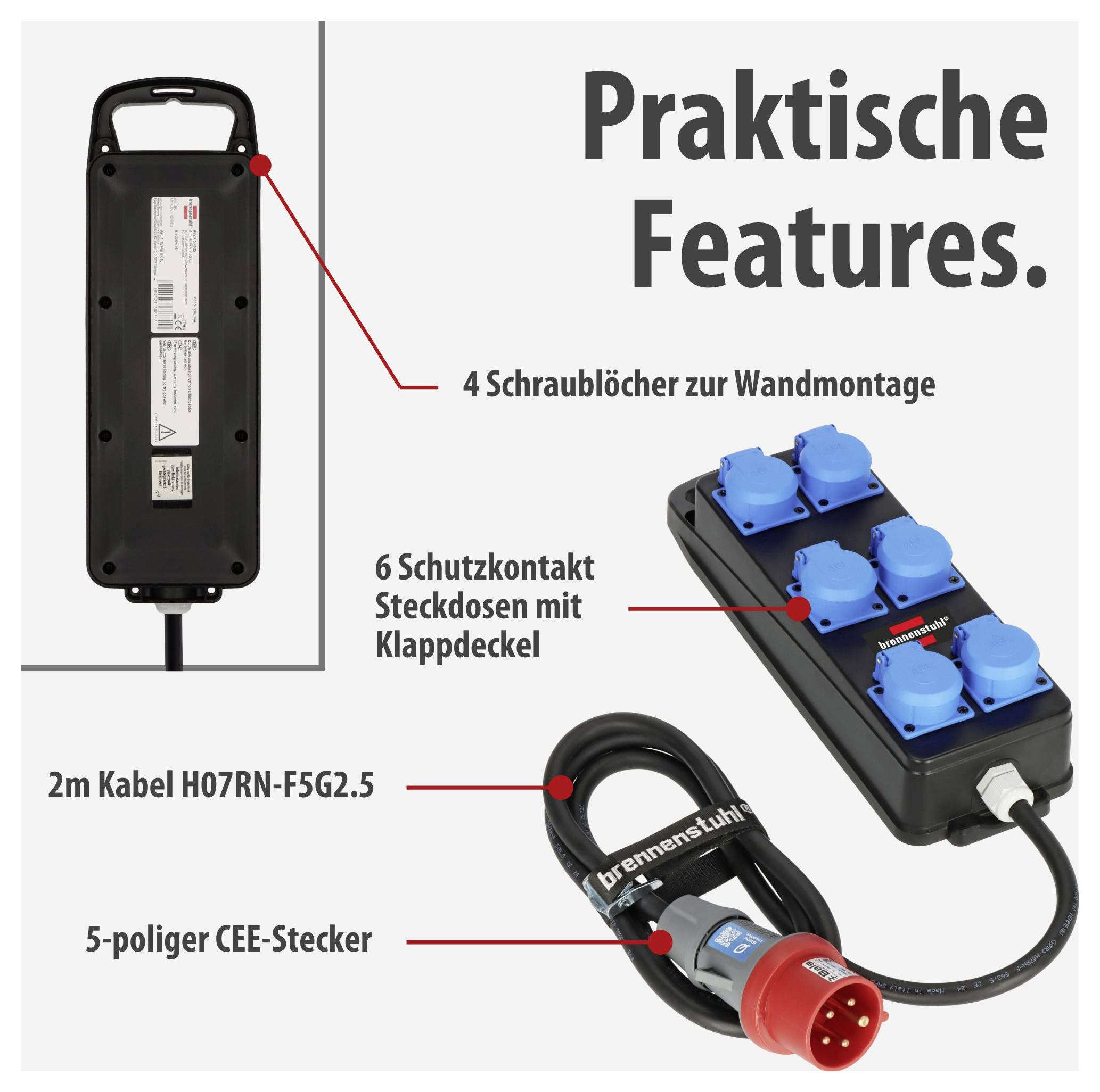 Produktgrafik einer Steckdosenleiste: 4 Schraublöcher zur Wandmontage, 6 Schutzkontakt-Steckdosen mit Klappdeckeln, 2 m Kabel H07RN-F5G2.5 und 5-poliger CEE-Stecker.
