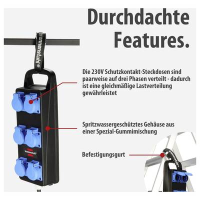 Produktabbildung einer hängenden Steckdosenleiste mit blauem Schutzkontakt; nennt 230V-Steckdosen auf drei Phasen, spritzwassergeschütztes Gehäuse und Befestigungsgurt.