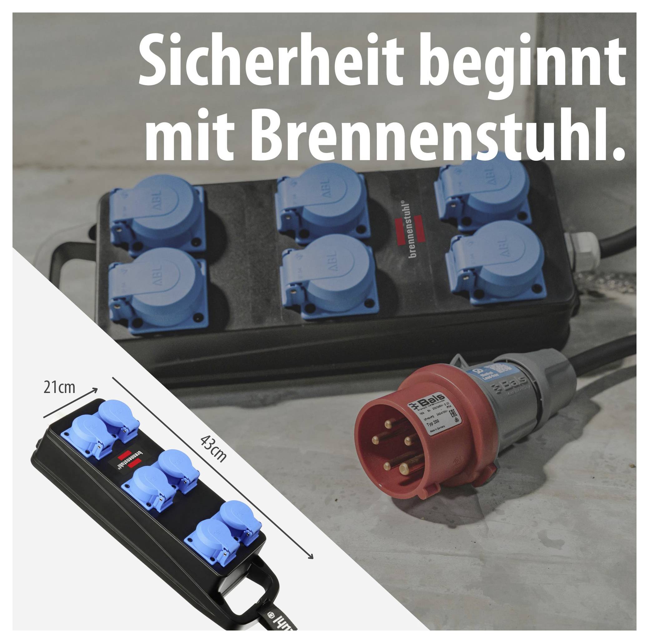 Werbung für Brennenstuhl-Steckdosenleiste mit sechs blauen Schutzklappen und rotem CEE-Stecker; Text: 'Sicherheit beginnt mit Brennenstuhl.'<br>